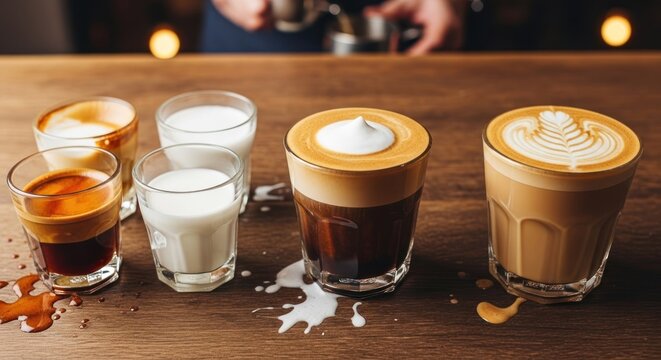 Various coffee drinks on a wooden table.