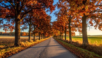 Naklejka premium Autumn Road - A Scenic Drive Through Vibrant Fall Foliage.