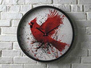 Abstract Watercolor Cardinal Wall Clock White Brick Texture Vibrant Red Bird Artistic Timepiece Home Decor Concept