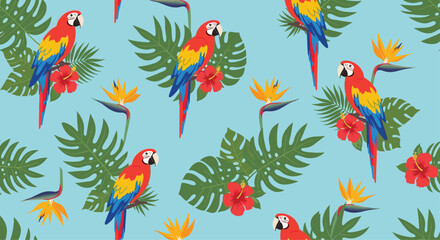 Fototapeta premium Colorful macaws and tropical flowers pattern.