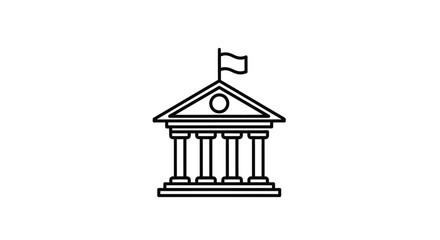 Simple black and white illustration of a classic building with a flag