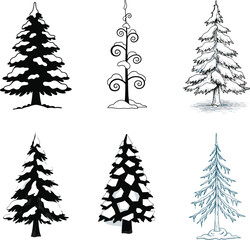Stylized pine tree collection, snowy winter forest icons, abstract Christmas tree designs, seasonal holiday illustration set, decorative nature graphic background