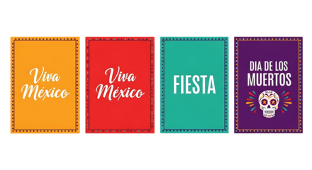 Four colorful banners with mexican cultural themes isolated on transparent background