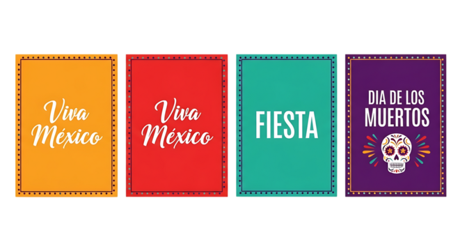 Four colorful banners with mexican cultural themes isolated on transparent background