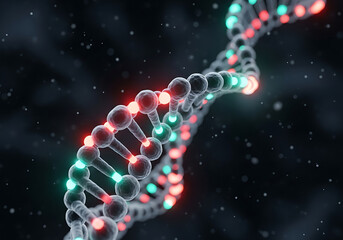 Closeup 3d render of a glowing dna double helix structure, symbolizing genetics, science, and the building blocks of life against a dark, speckled background
