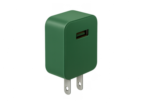 Green usb power adapter for fast charging mobile electronic devices, wall plug for electricity on transparent background - Powered by Adobe