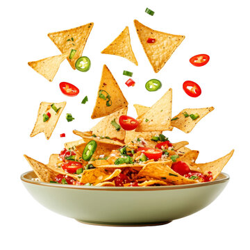 Triangular Nachos with Tomatoes and Jalape?os Flying, Isolated on Transparent Background, Appetizer, Tex-Mex, Snack, isolated on transparent background
