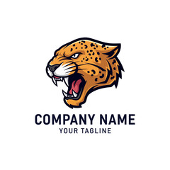 Aggressive leopard mascot logo with open mouth and sharp teeth, suitable for sports teams or brands.