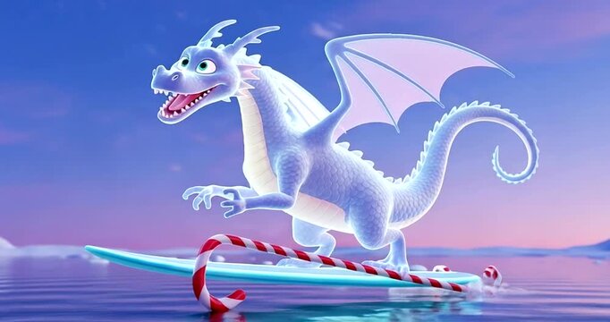 A friendly ice dragon surfing on a candy cane surfboard