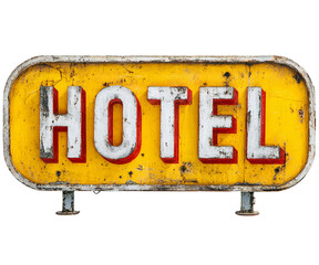 old rusty metal hotel sign, isolated background.
