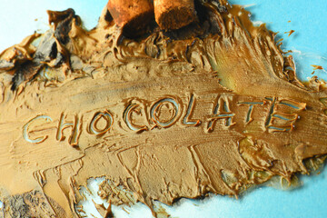 Chocolate inscription on melted chocolate, abstract sweetness, cream and filling.
