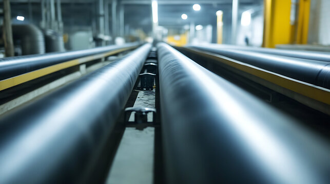 A close-up shows a set of parallel pipes in a manufacturing facility. The pipes are dark in color and run horizontally, supported by a yellow metal structure beneath an industrial building.