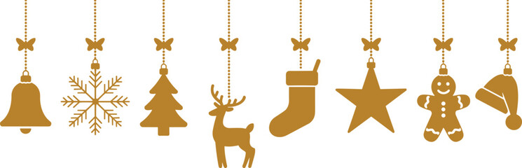 Golden Christmas ornaments, festive holiday decorations, bell, snowflake, tree, reindeer, stocking, star, gingerbread man, Santa hat, isolated background