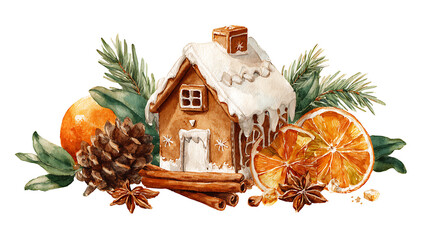 The gingerbread house is decorated with oranges, pinecones, cinnamon sticks, and evergreen trees.