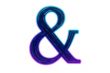 Ampersand symbol with futuristic neon blue and purple glowing effect, representing connection or combination, transparent background
