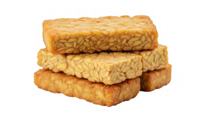 Stacked fried tempeh pieces on black background