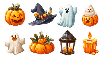 A set of Halloween-themed illustrations, including pumpkins, ghosts, hats, lanterns, and candles. Transparent background.