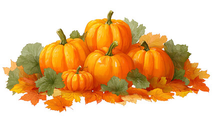 A pile of colorful pumpkins and leaves. Transparent background.