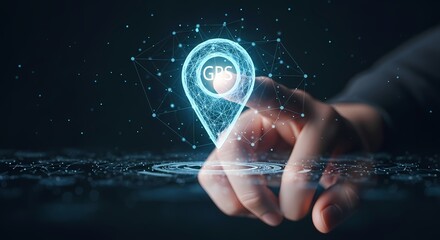 Abstract digital pin with GPS text glowing on a dark blue background as a human hand interacts with the futuristic interface, representing global navigation and location services.