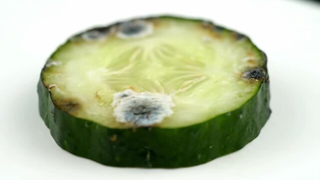 Cucumber Slices Showing Rot and Mold Development Over Time on a White Background