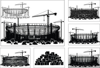 Modern stadium construction site, cranes, scaffolding, building materials, architectural development, machinery, urban infrastructure, vector illustration, progress stages, city growth © Creative World