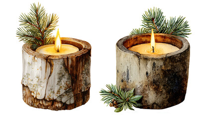Rustic-style candles. Each candle is housed in a rough-hewn wooden container, decorated with spruce sprigs.