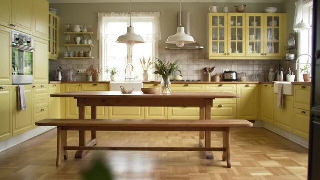 Bright kitchen with yellow cabinets and a wooden dining set.