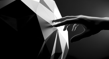 Close-up of a human hand gently touching a futuristic three-dimensional digital geometric polygon surface in a black and white abstract art setting