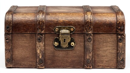 A close-up of a wooden chest with a hinged lid, featuring metal hardware like clasps and corner reinforcements, isolated on white