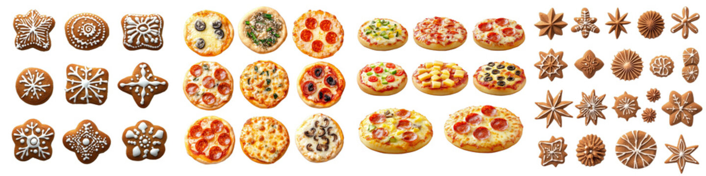 Assortment of mini pizzas and gingerbread cookies, isolated on transparent background, food art, holiday treats, snack variety