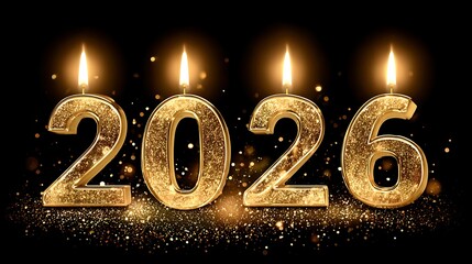 Golden Candle Numbers 2026 with Sparkles on Black Festive Background