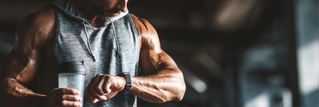 A muscular man in a sleeveless top checks his smartwatch while holding a water bottle in a vibrant gym, engaged in a focused workout session.