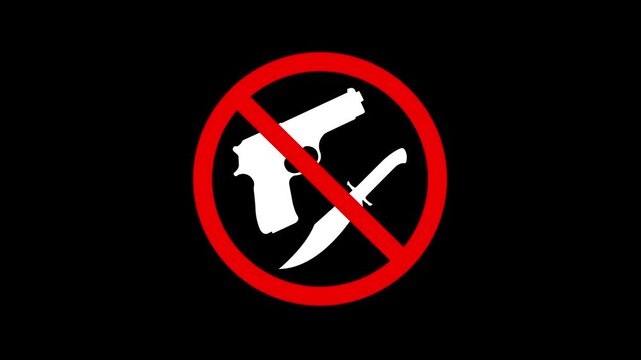 no Weapon allowed sign animation on black background. No weapon allowed sign icon, simple forbidden gun and knife symbol. Gun and red cross symbol animation.