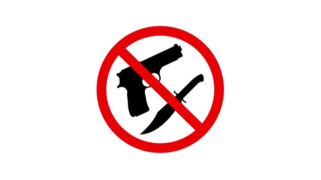 no Weapon allowed sign animation on white background. No weapon allowed sign icon, simple forbidden gun and knife symbol. Gun and red cross symbol animation.