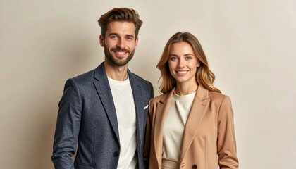 Professional business portrait of young couple in casual attire studio setting fashion photography neutral background contemporary style