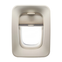 Airplane window with closed shade and beige frame