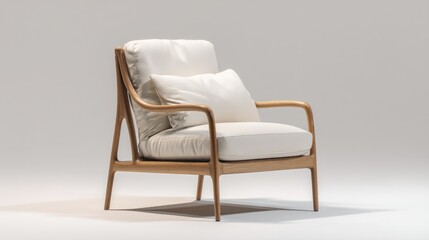 Cream-colored upholstered armchair with light-wood frame, angled arms, and padded cushions