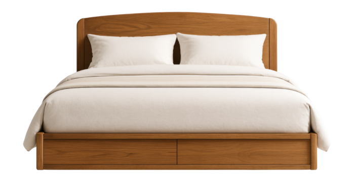 Double bed with a wooden frame and under-bed storage, perfect for small guest rooms.