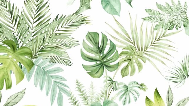 Animated tropical palm leaves watercolor pattern