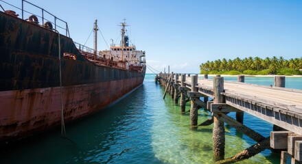 Large rusted ship docked next to an old wooden pier on a tropical island
