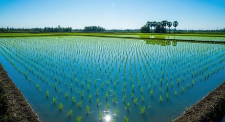 Lush Rice Paddy Field Filled with Water Under a Bright Blue Sky