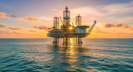 Offshore Oil Rig At Sea Under a Vibrant Sunset