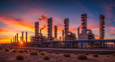 Oil refinery plant during the stunning sunset reflecting industrial emissions