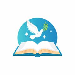 Dove of peace flying above an open book representing knowledge and spirituality