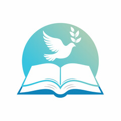 Dove of Peace with Olive Branch Flying Above an Open Book Symbolizing Knowledge