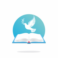 Dove of peace with olive branch flying over open book in circle symbol