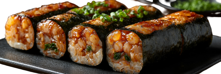 Closeup of delicious sushi rolls on dark surface