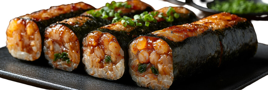 Closeup of delicious sushi rolls on dark surface