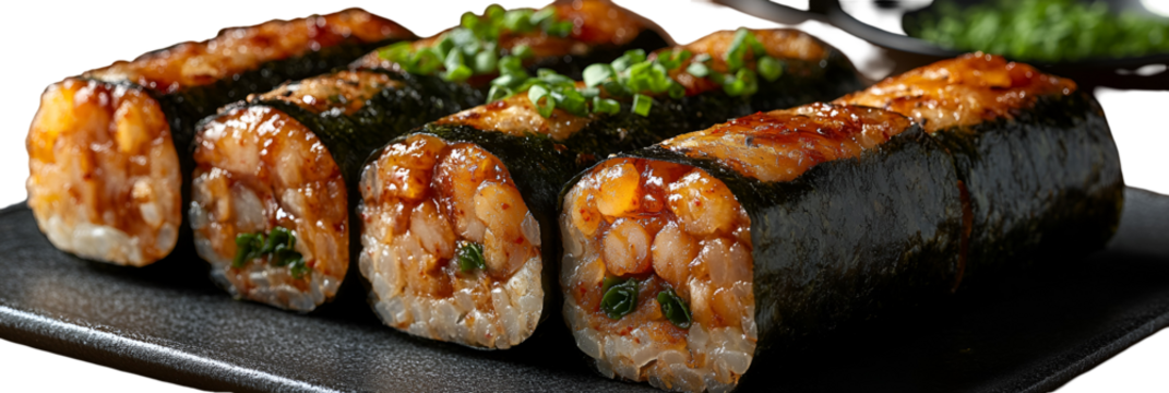 Closeup of delicious sushi rolls on dark surface