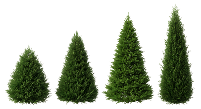 Four green evergreen trees of varying heights isolated on transparent background